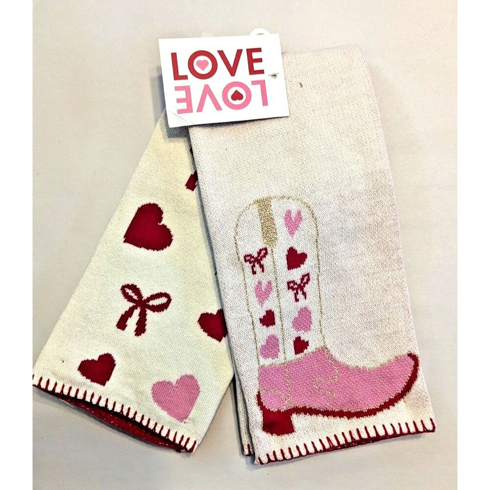 Love Boots Hearts Bows Kitchen Towels Pink Red Cream Cotton Red Edging 2-Pc NEW